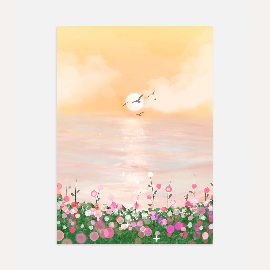 Sunset Over a Flower Meadow Poster