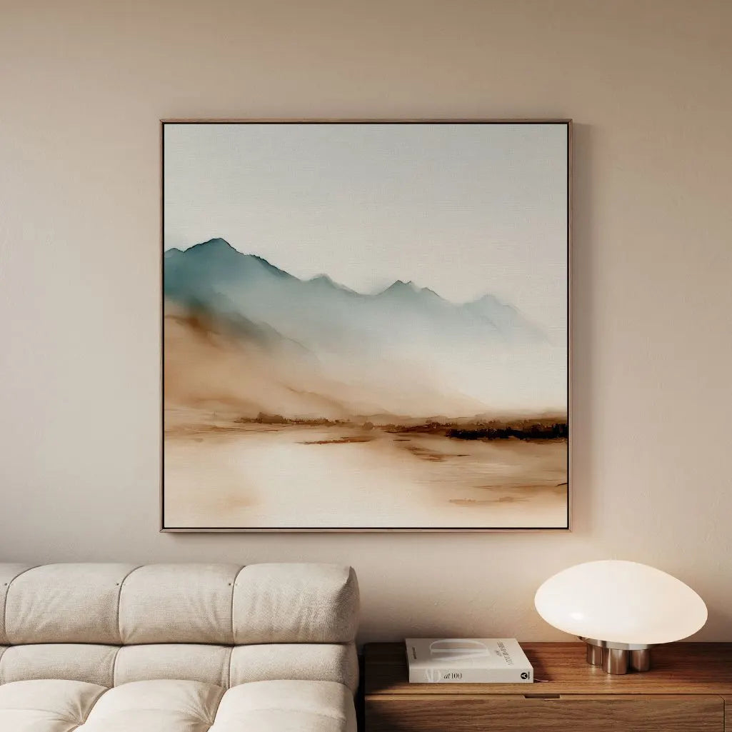 Toile encadrée – Montagnes beige et bleues