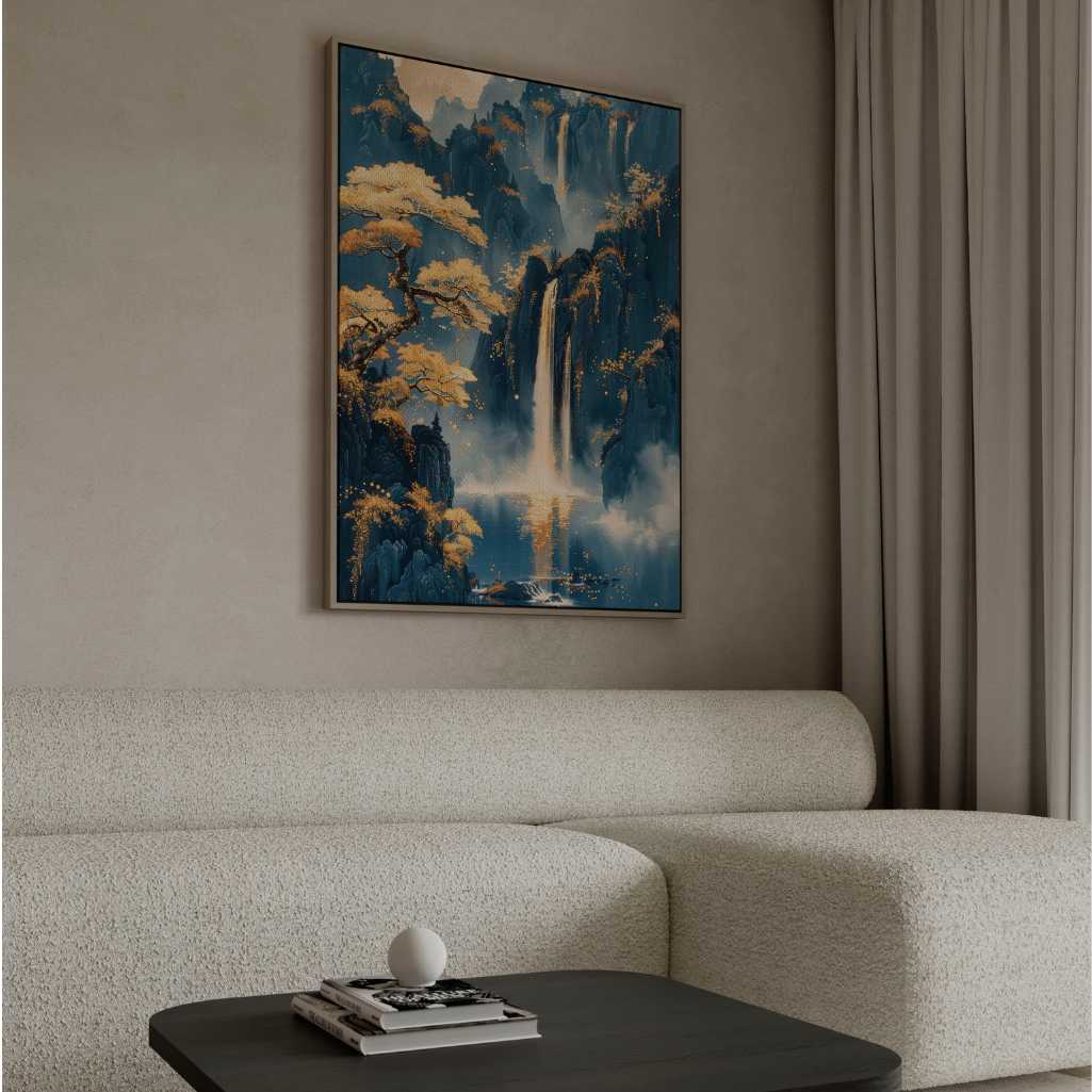 Framed Canvas Print Golden Eastern Waterfalls