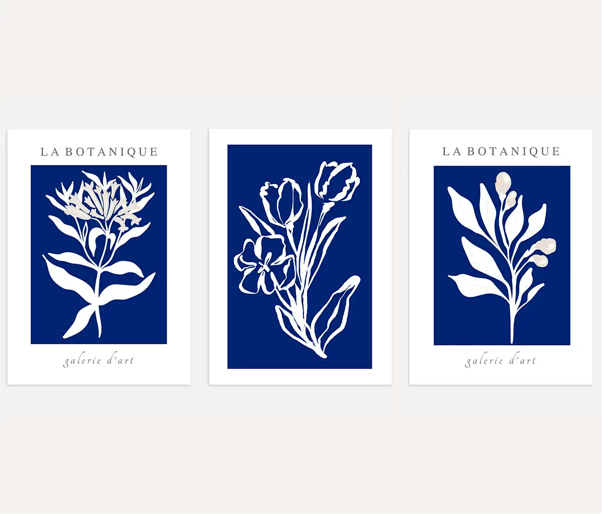 Blue Botanical Floral Prints – White Silhouette Set of 3