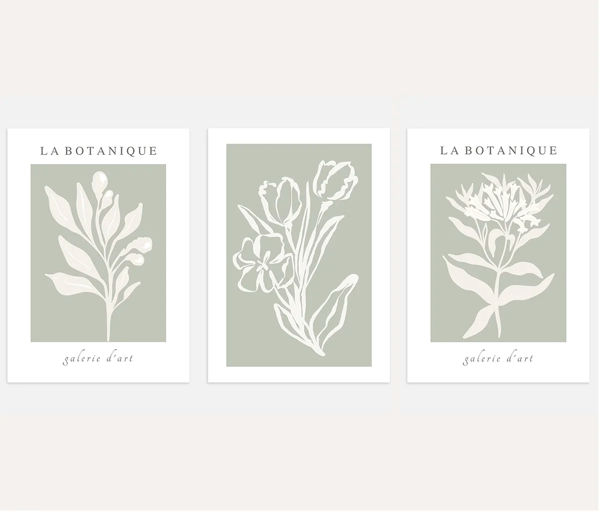 Green Botanical Abstract Prints – Minimal Floral Set of 3
