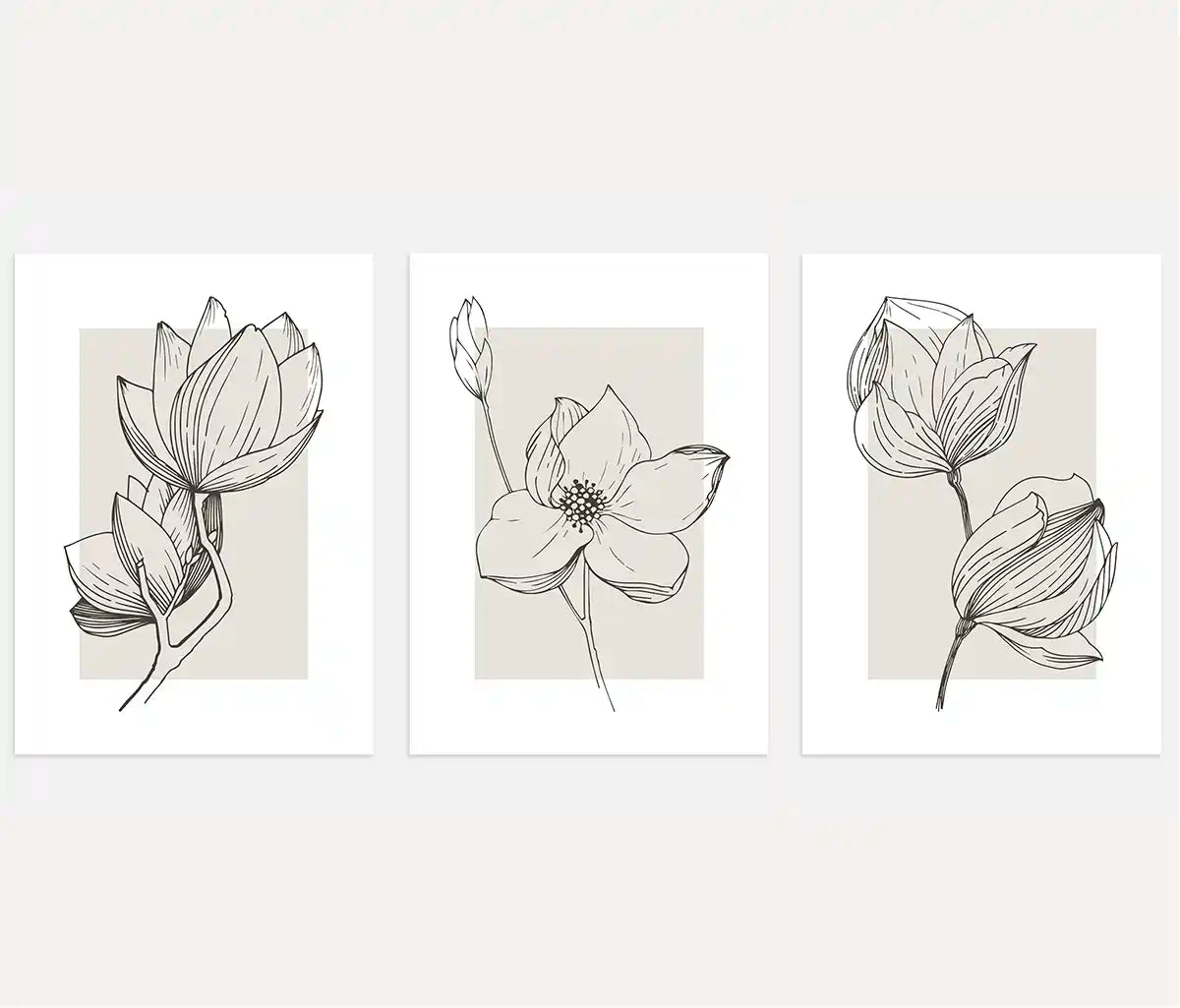 Botanical Line Art Prints – Beige & Charcoal Minimalist Set of 3