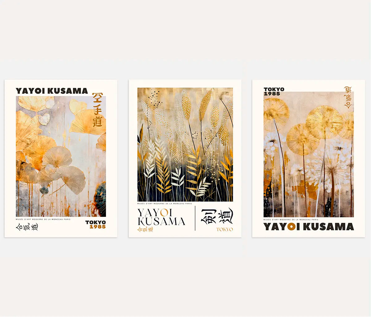 Golden Botanical Minimal Art Prints Set of 3 - Japanese Inspired Wall Art