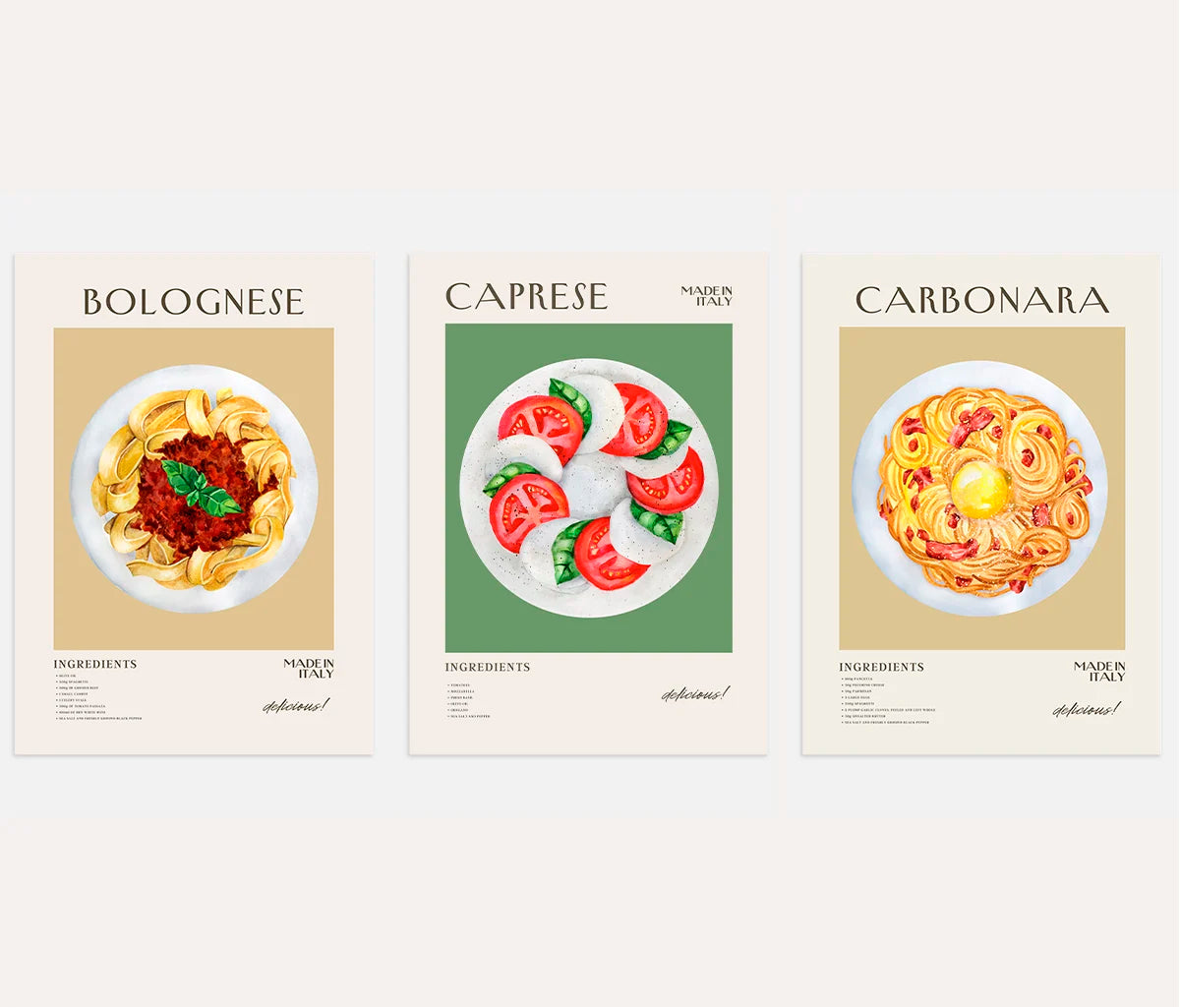 Italian Food Recipe Art Prints – Caprese, Carbonara & Bolognese Set of 3