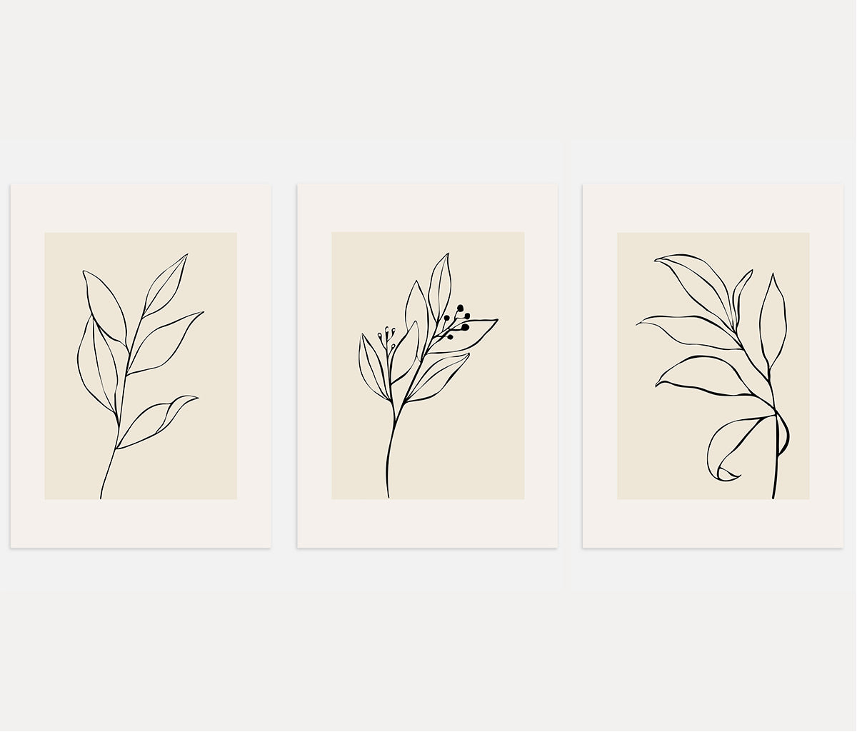 Minimal Botanical Line Art Prints – Beige Set of 3