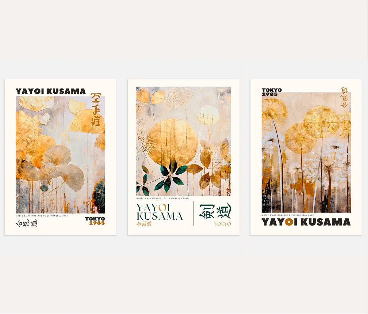 Golden Botanical Abstract Art Prints – Japanese Inspired Set of 3
