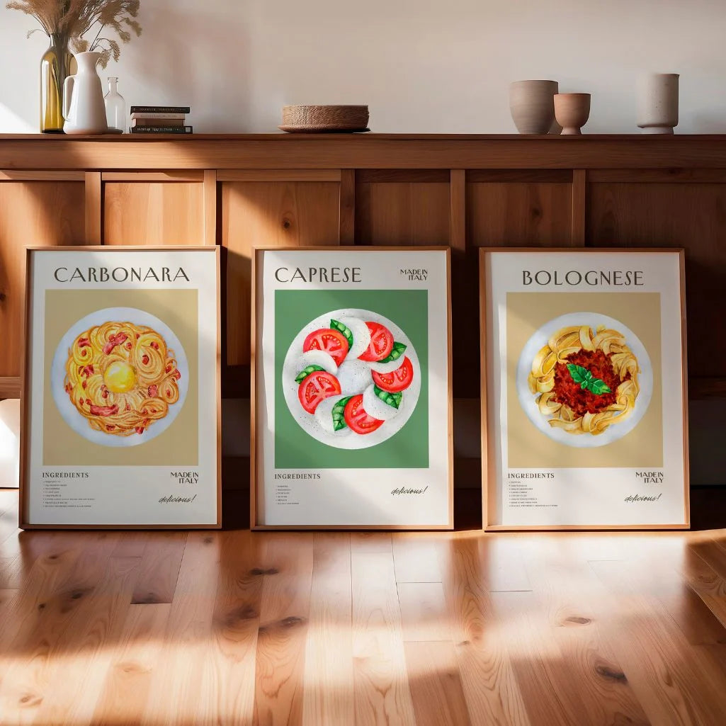 Italian Food Recipe Art Prints – Caprese, Carbonara & Bolognese Set of 3