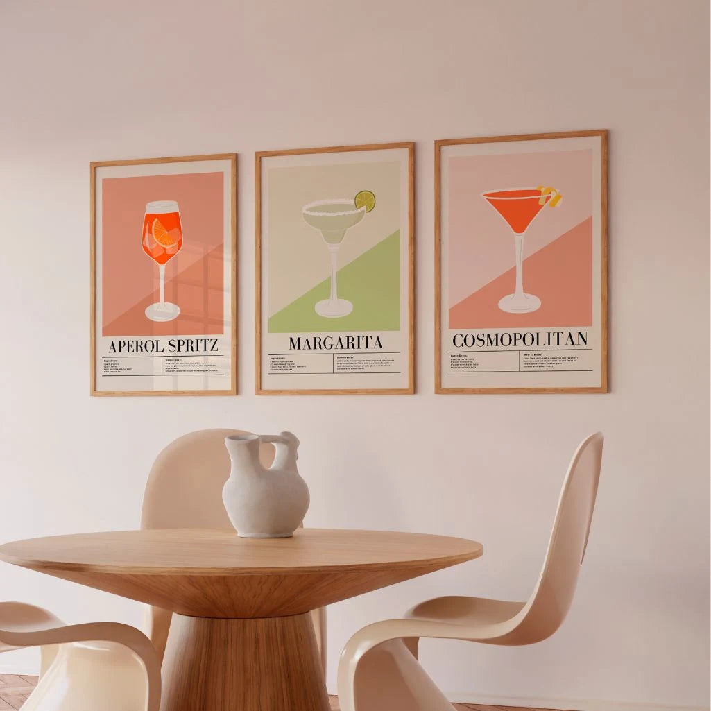Classic Cocktail Recipe Art Prints – Aperol Spritz, Margarita & Cosmopolitan Set of 3