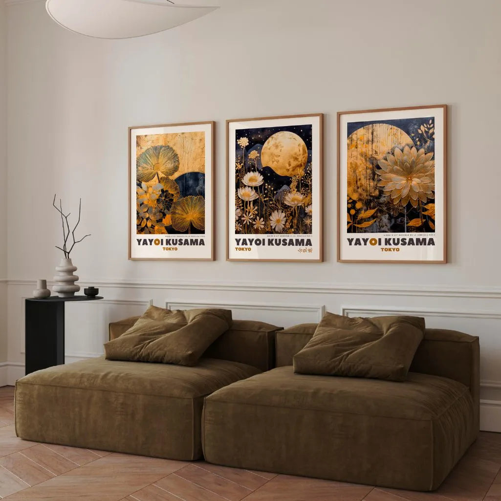 Golden Botanical Art Prints – Japanese Inspired Floral Set of 3
