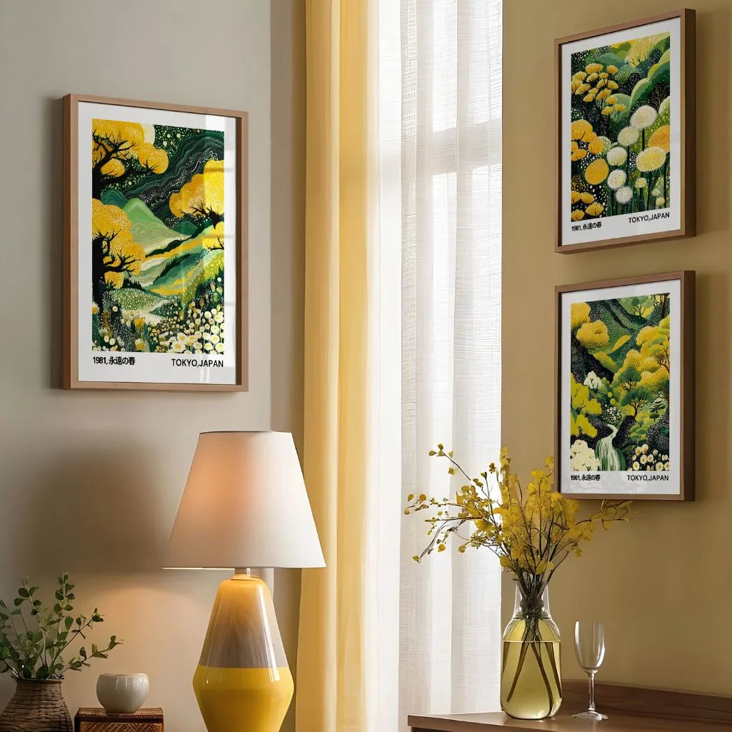 Japanese Landscape & Floral Art Prints - Spring Garden Poster Set of 3