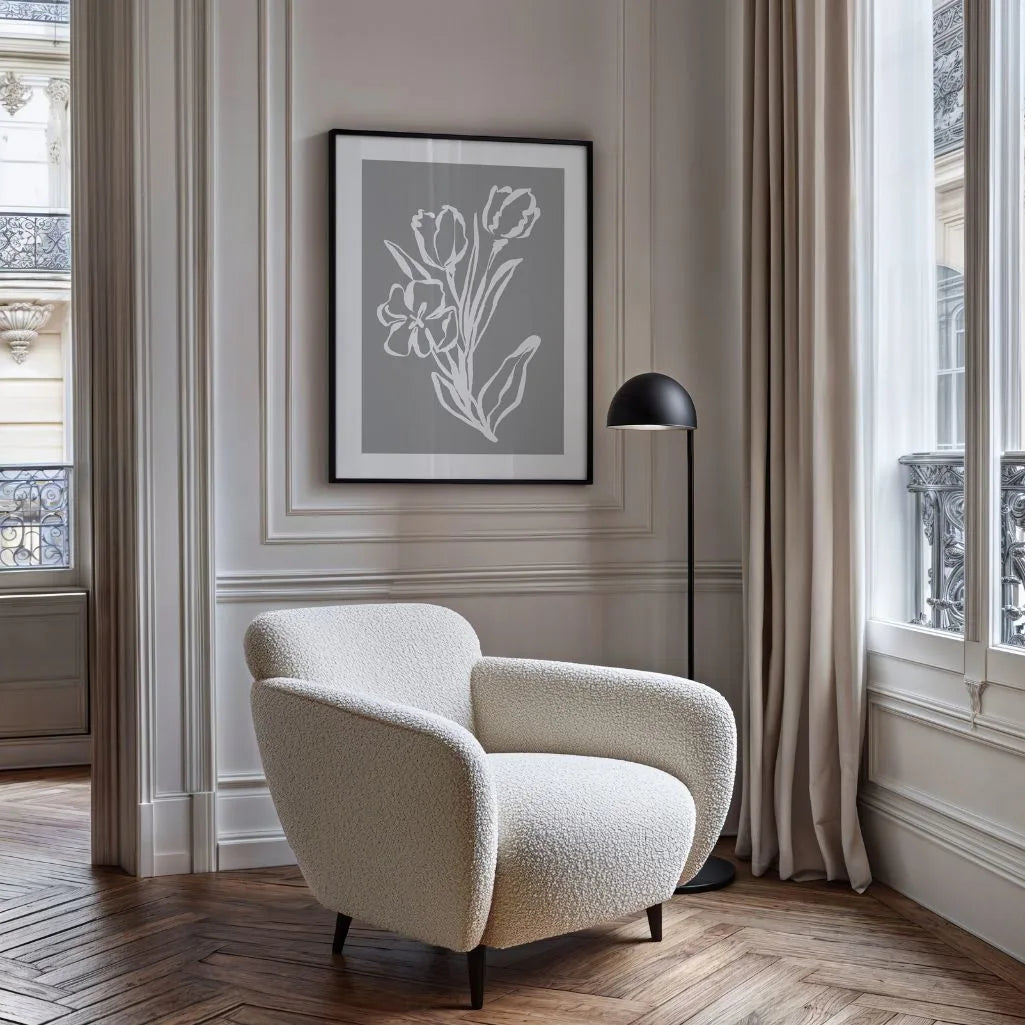 Grey Floral Line Art Poster