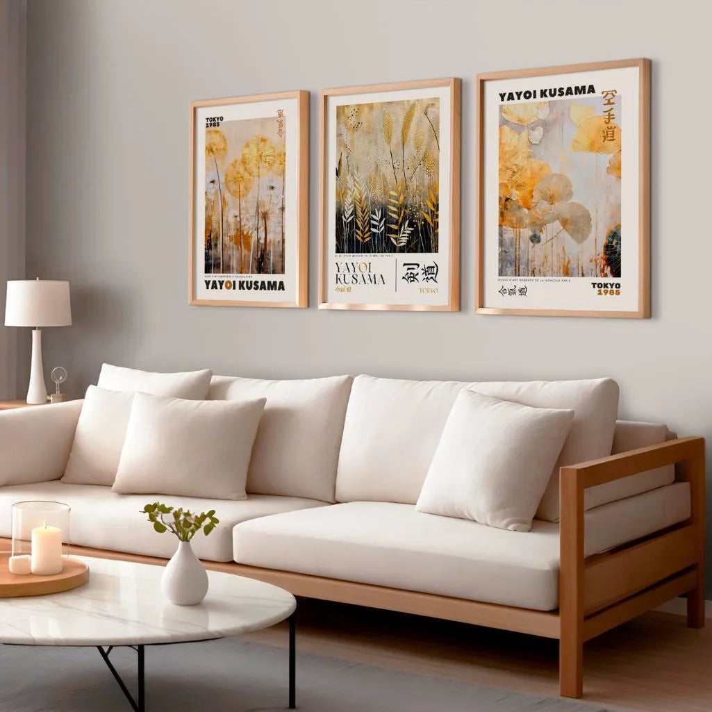 Golden Botanical Minimal Art Prints Set of 3 - Japanese Inspired Wall Art