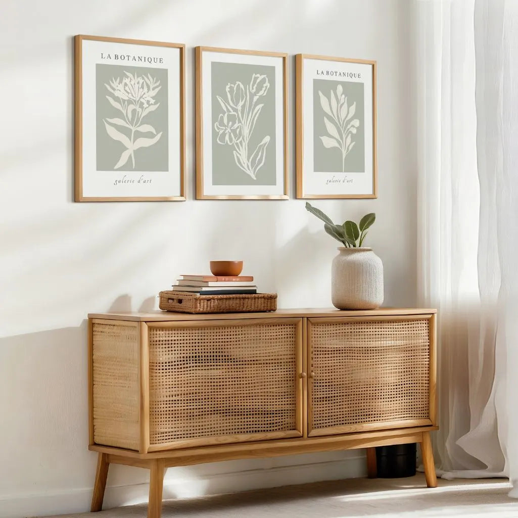 Green Botanical Abstract Prints – Minimal Floral Set of 3