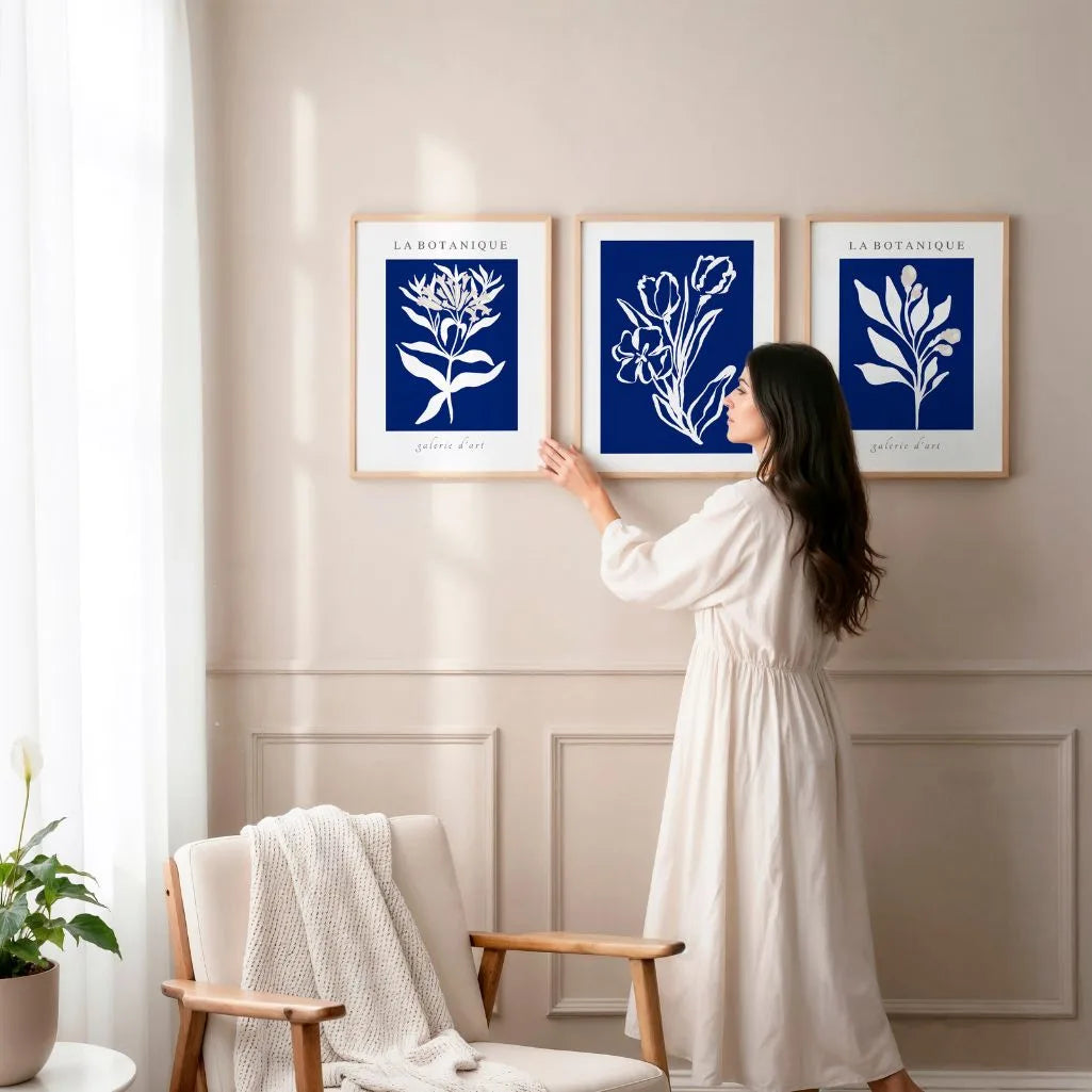 Blue Botanical Floral Prints – White Silhouette Set of 3