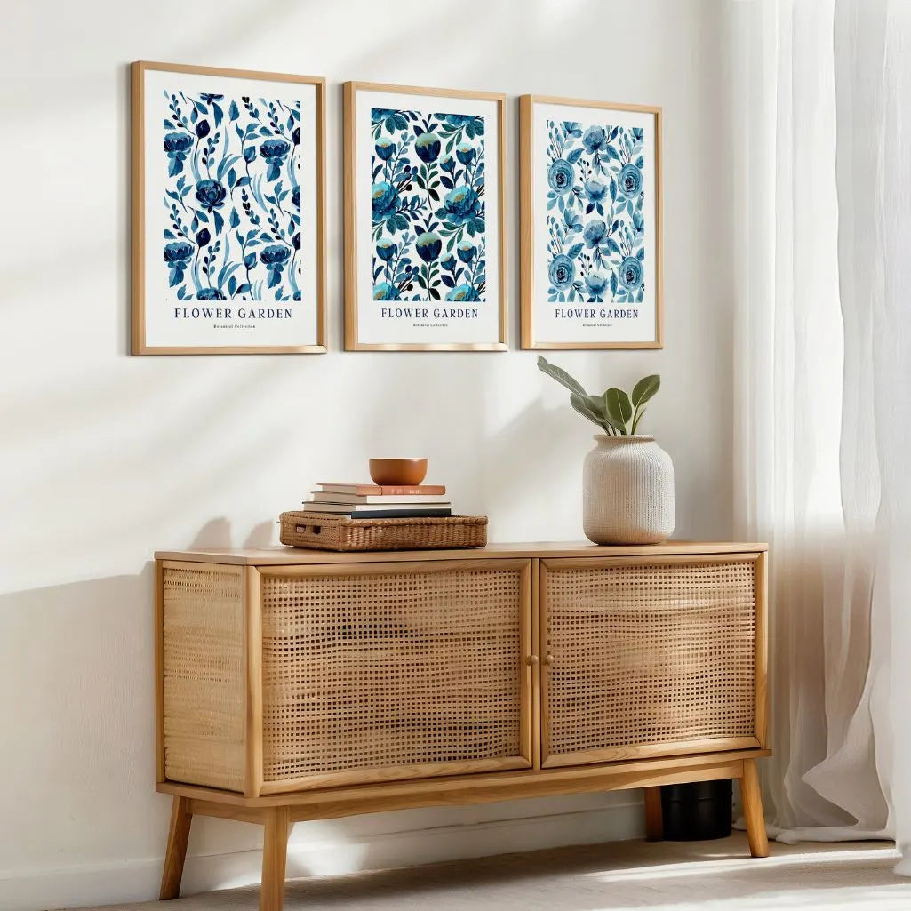Flower Garden Blue Botanical Prints – Watercolor Floral Set of 3