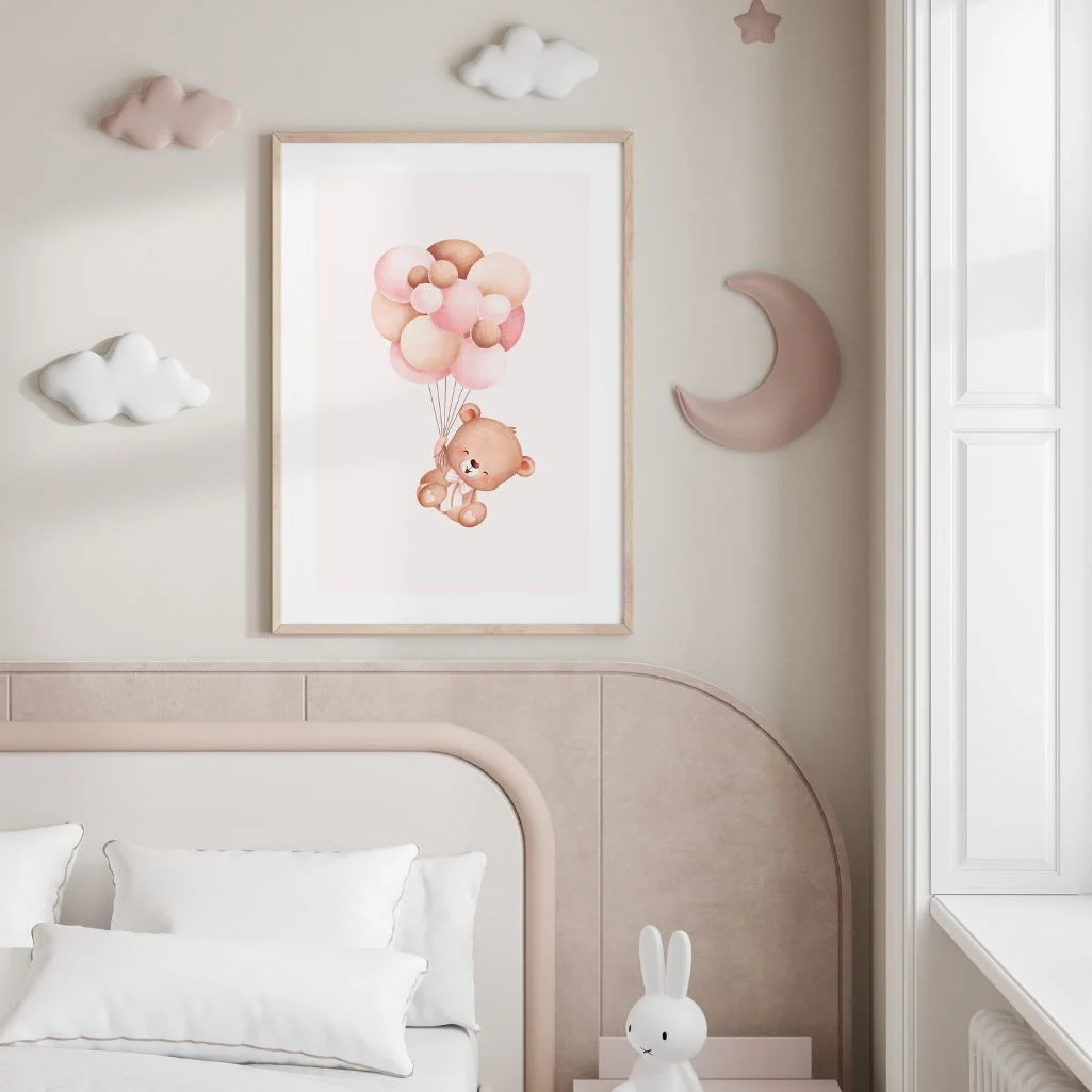 Bear Lifted By Balloons Poster