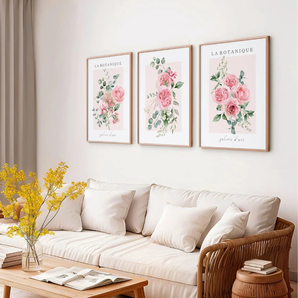 La Botanique Watercolor Floral Prints – Soft Pink Botanical Wall Art Set of 3