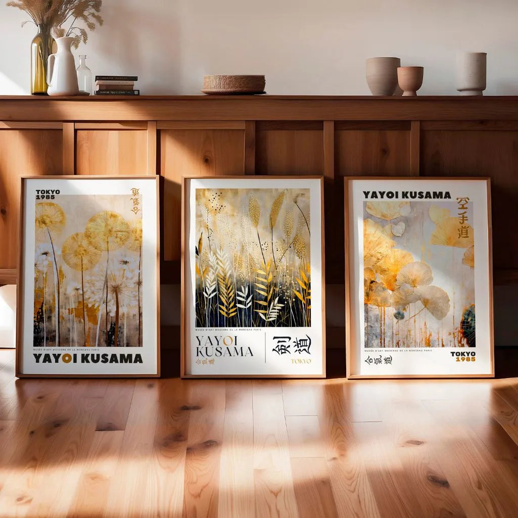 Golden Botanical Minimal Art Prints Set of 3 - Japanese Inspired Wall Art