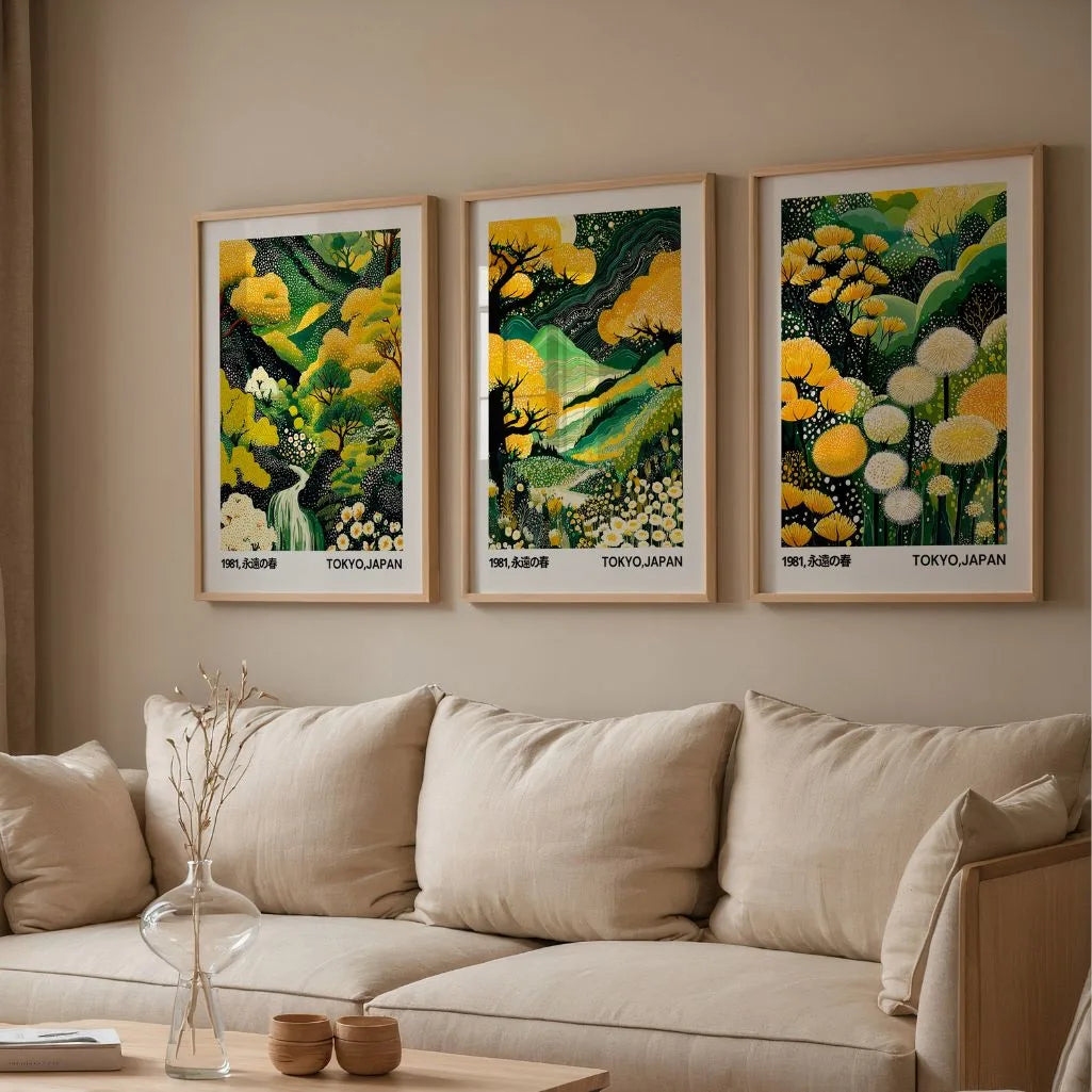 Japanese Landscape & Floral Art Prints - Spring Garden Poster Set of 3
