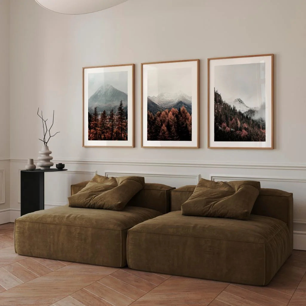 Misty Mountain Forest Wall Art Prints – Minimal Nature Photography Set of 3