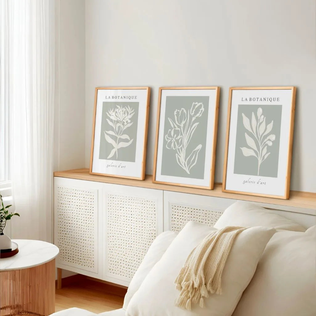 Green Botanical Abstract Prints – Minimal Floral Set of 3