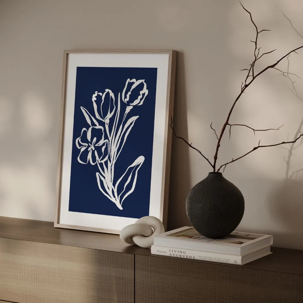 Navy Floral Line Art Poster