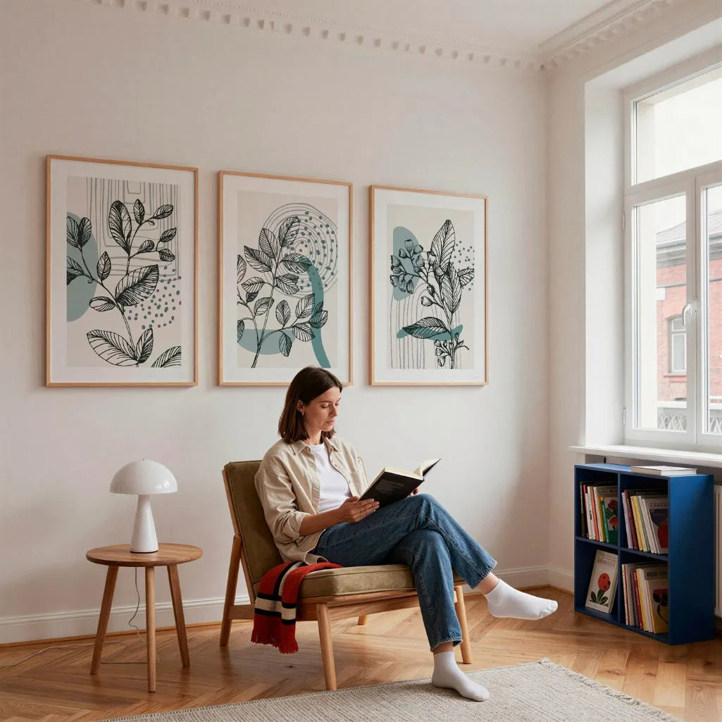 Beige Botanical Line Art Prints – Abstract Leaves Set of 3