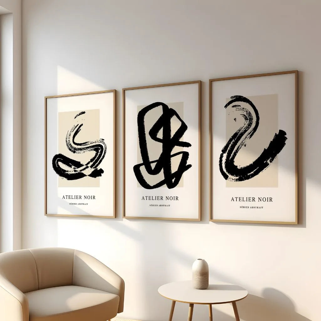 Atelier Noir – Set of 3 Abstract Art Prints - Minimalist Black & Beige Wall Art