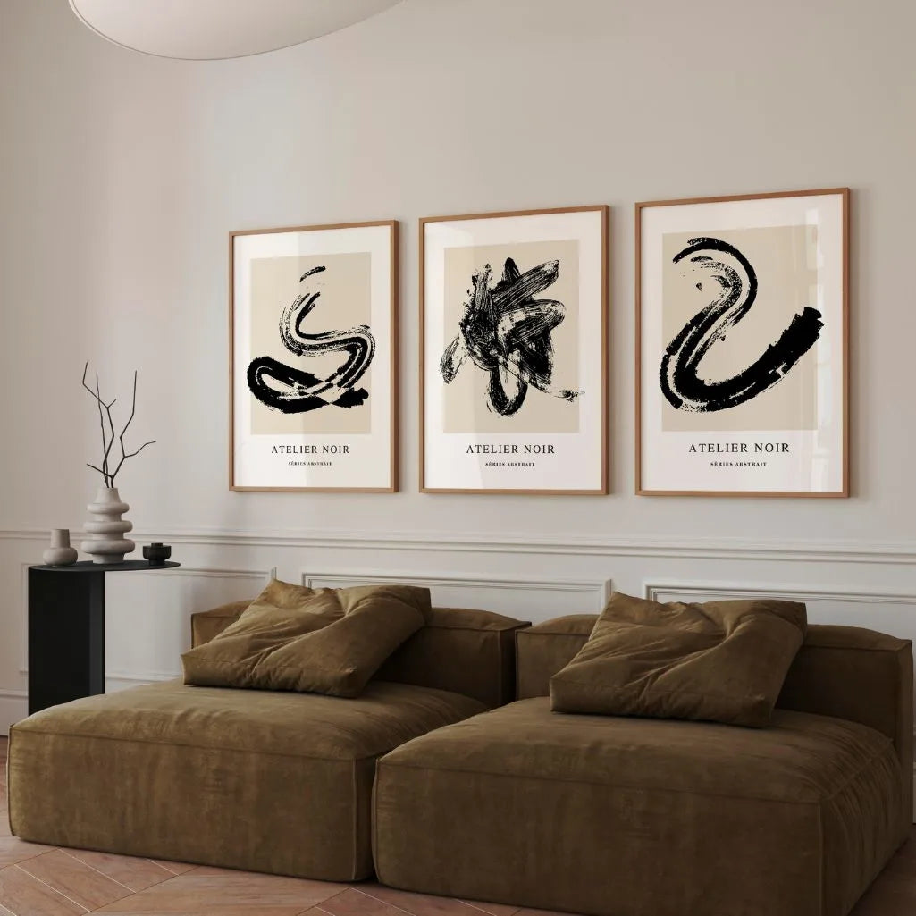 Atelier Noir – Set of 3 Abstract Art Prints - Black & Beige Minimalism