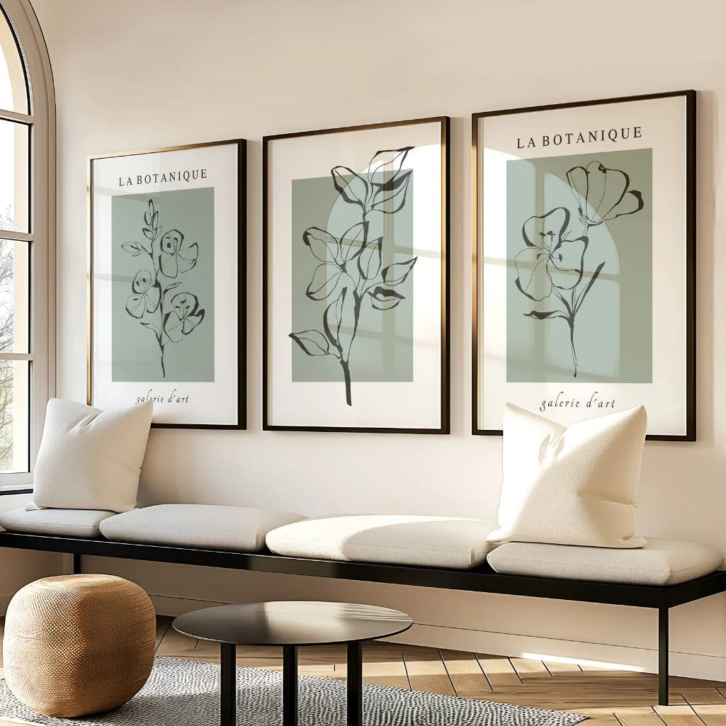 Sage Green Botanical Line Art Prints – Minimal Floral Set of 3