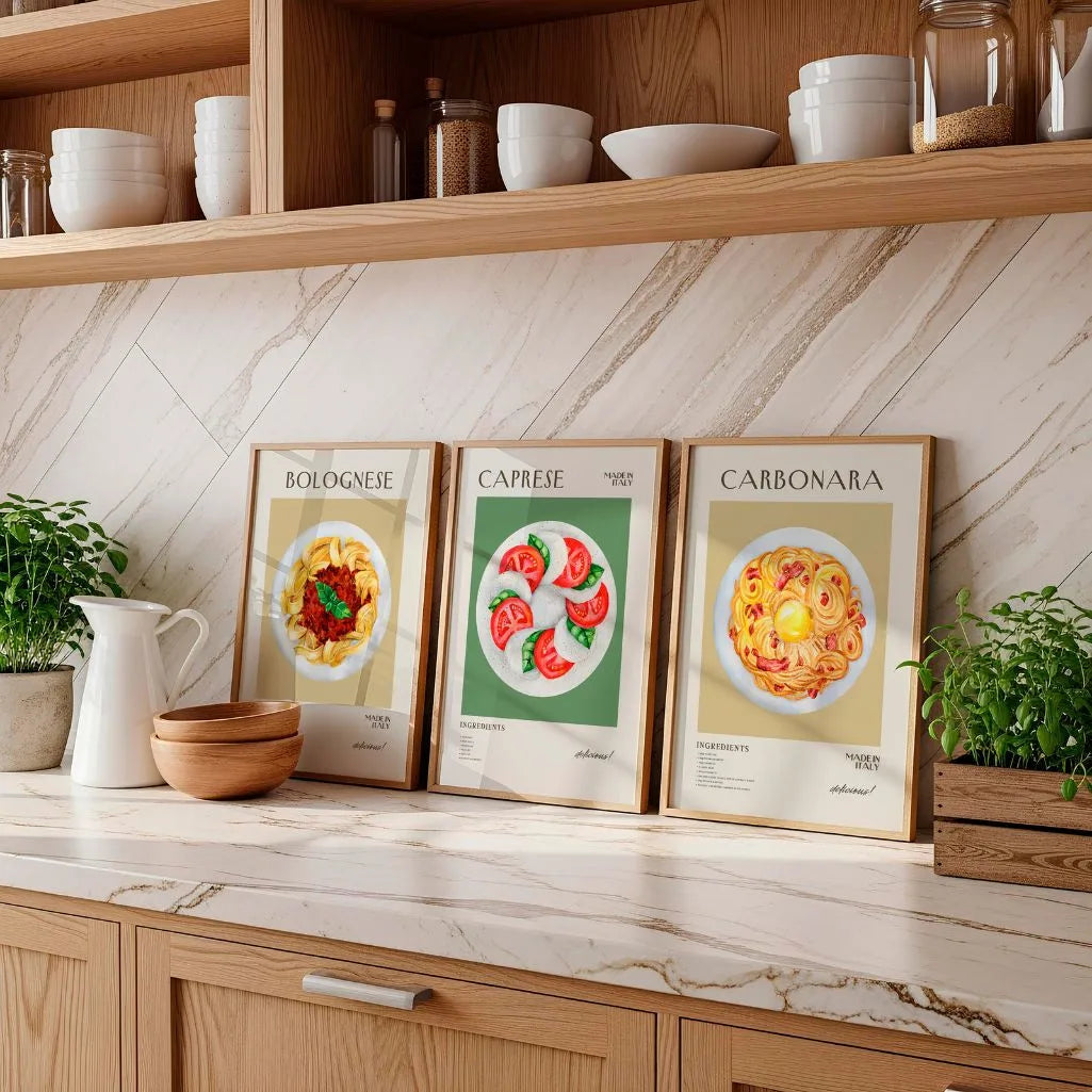 Italian Food Recipe Art Prints – Caprese, Carbonara & Bolognese Set of 3