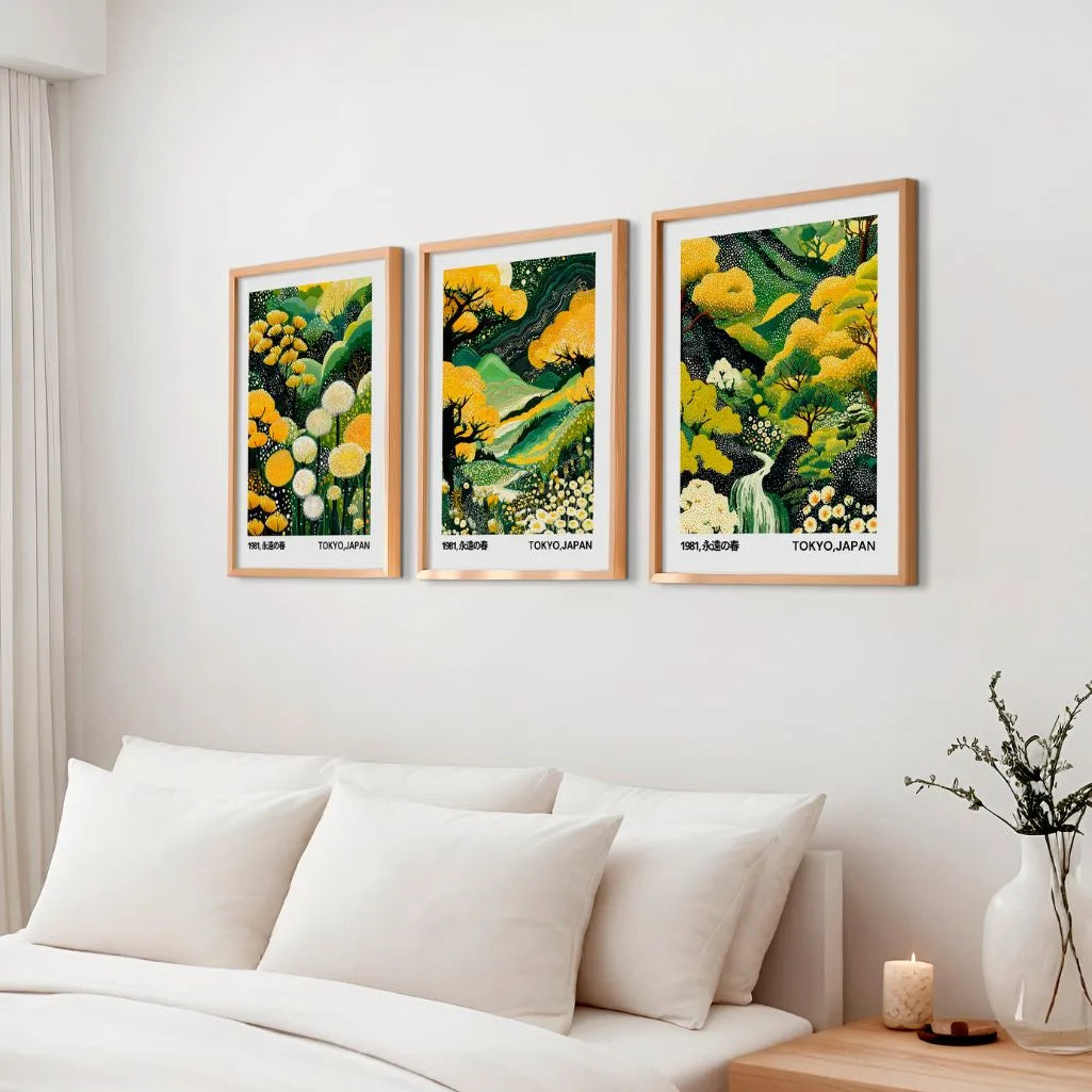 Japanese Landscape & Floral Art Prints - Spring Garden Poster Set of 3