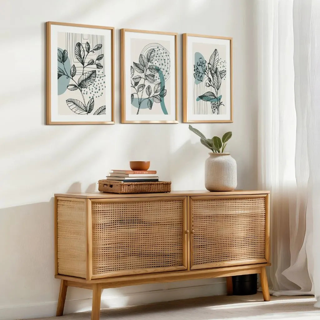 Beige Botanical Line Art Prints – Abstract Leaves Set of 3