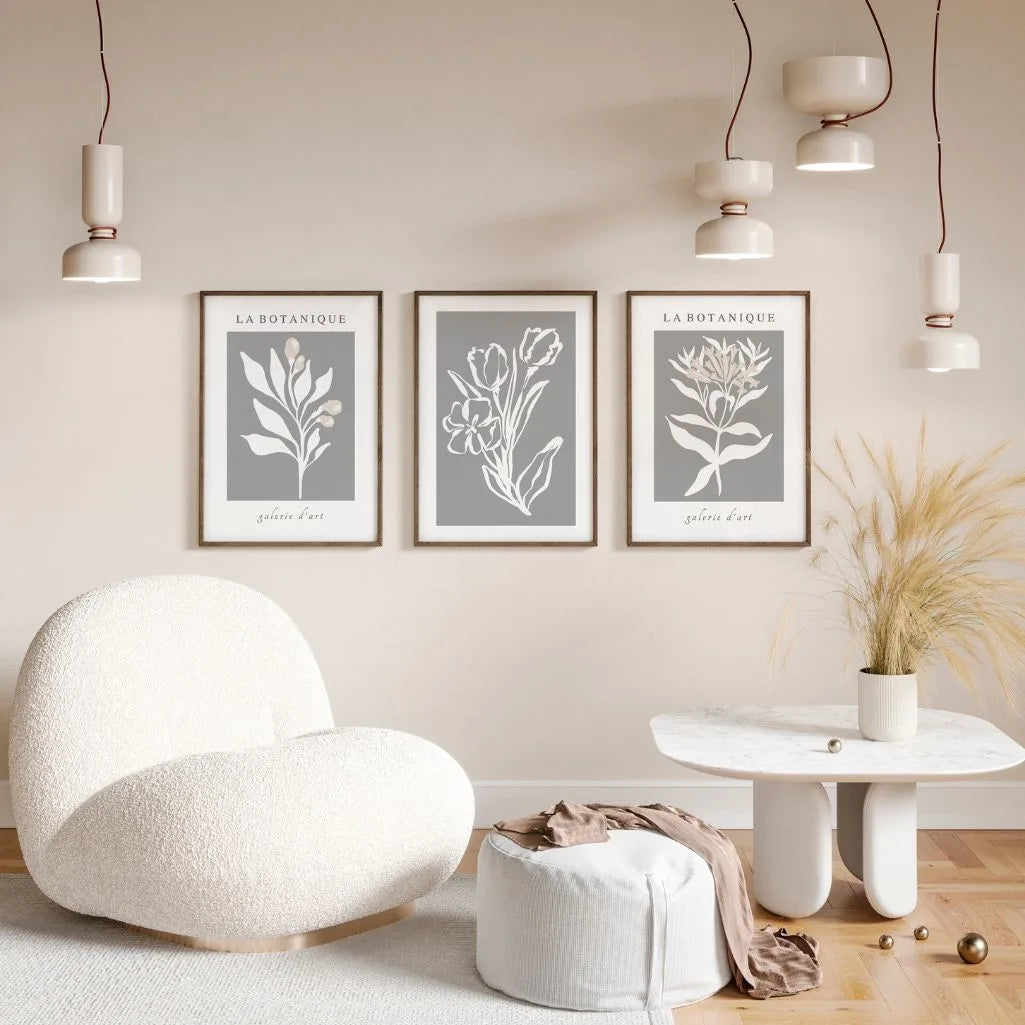 Gray Botanical Abstract Prints – Neutral Floral Set of 3