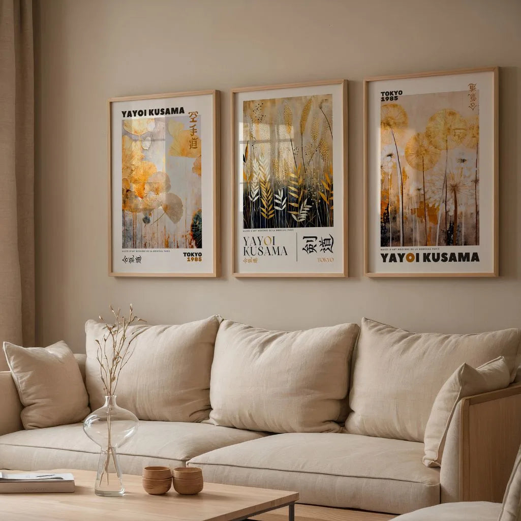 Golden Botanical Minimal Art Prints Set of 3 - Japanese Inspired Wall Art