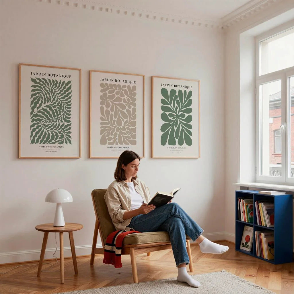 Jardin Botanique Abstract Prints – Beige & Green Botanical Set of 3