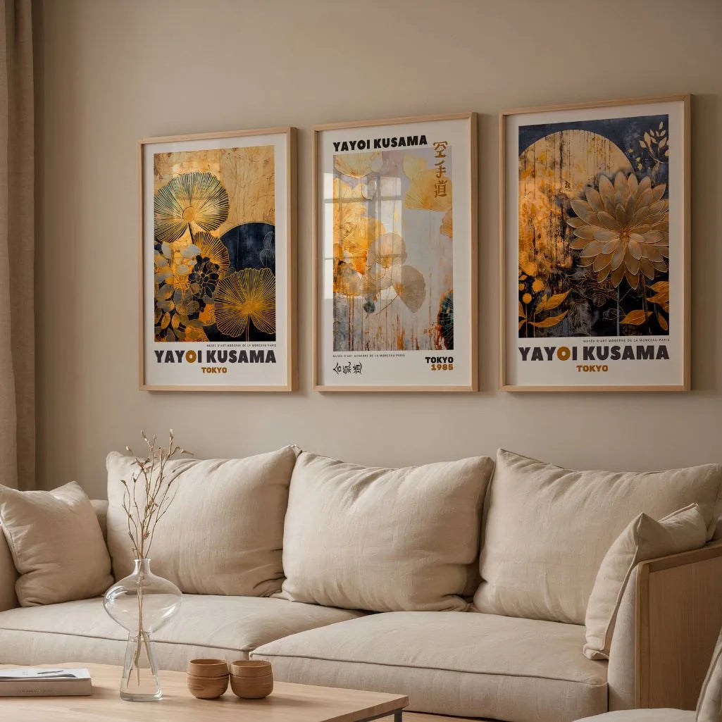 Japanese Floral Art Poster with Gold Flowers - Vintage Style Wall Art Print