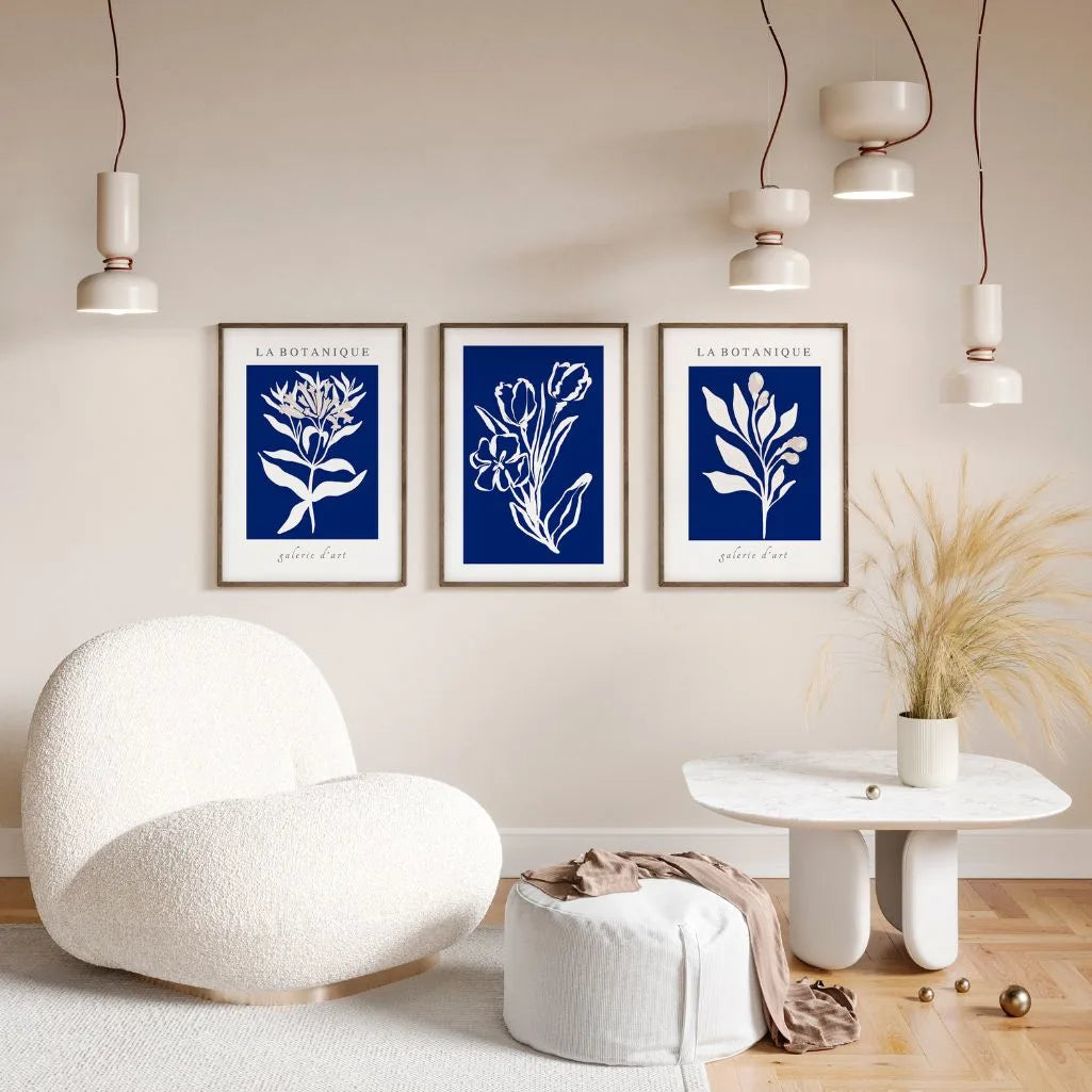 Blue Botanical Floral Prints – White Silhouette Set of 3