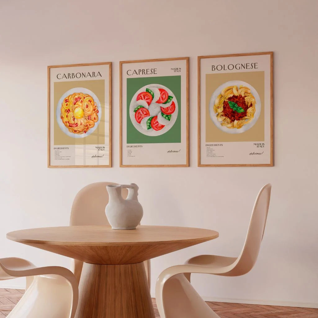Italian Food Recipe Art Prints – Caprese, Carbonara & Bolognese Set of 3