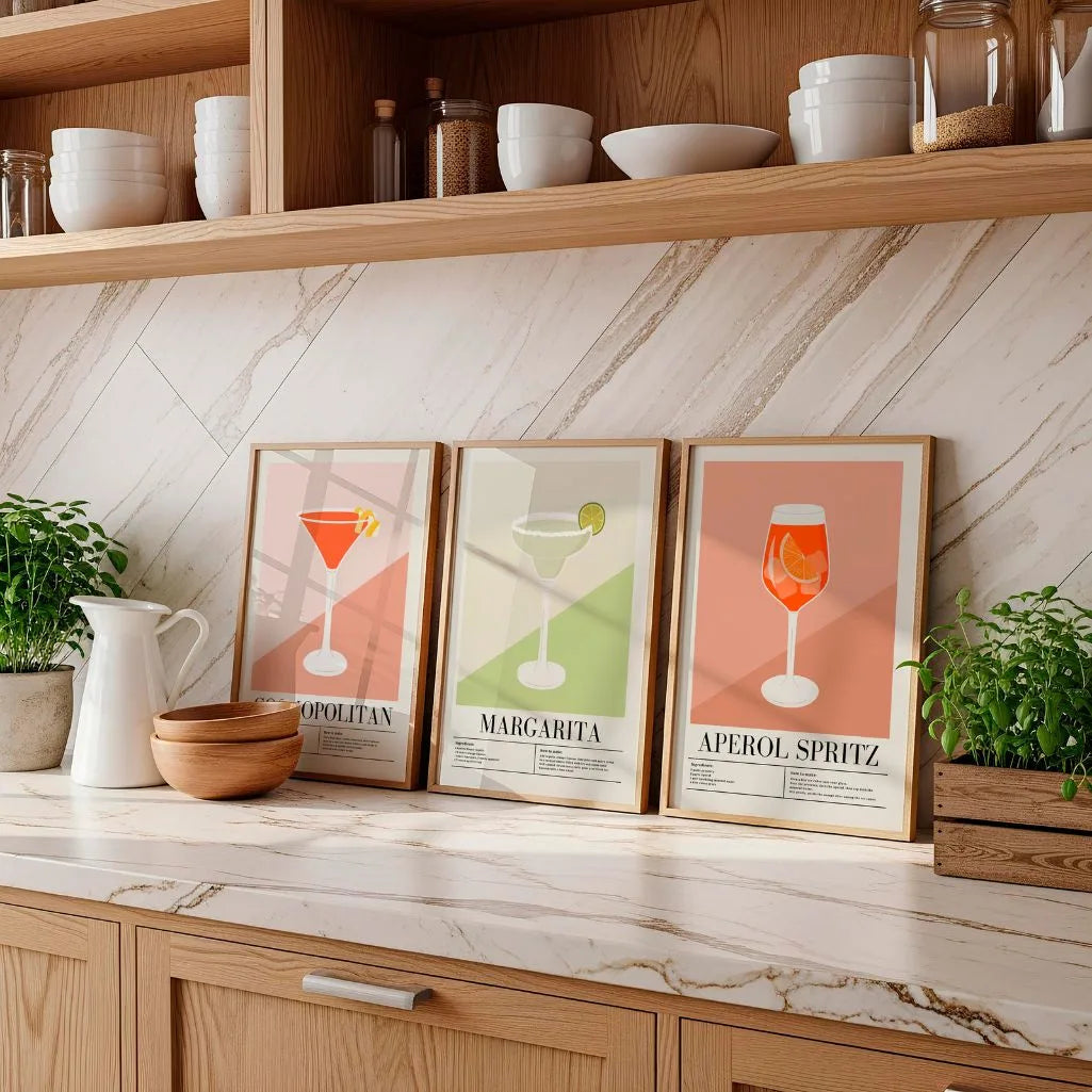 Classic Cocktail Recipe Art Prints – Aperol Spritz, Margarita & Cosmopolitan Set of 3