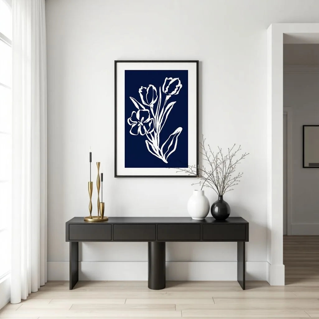 Navy Floral Line Art Poster