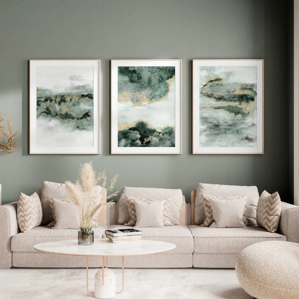 Green Abstract Art Prints - Set of 3 Emerald & Gold Wall Art