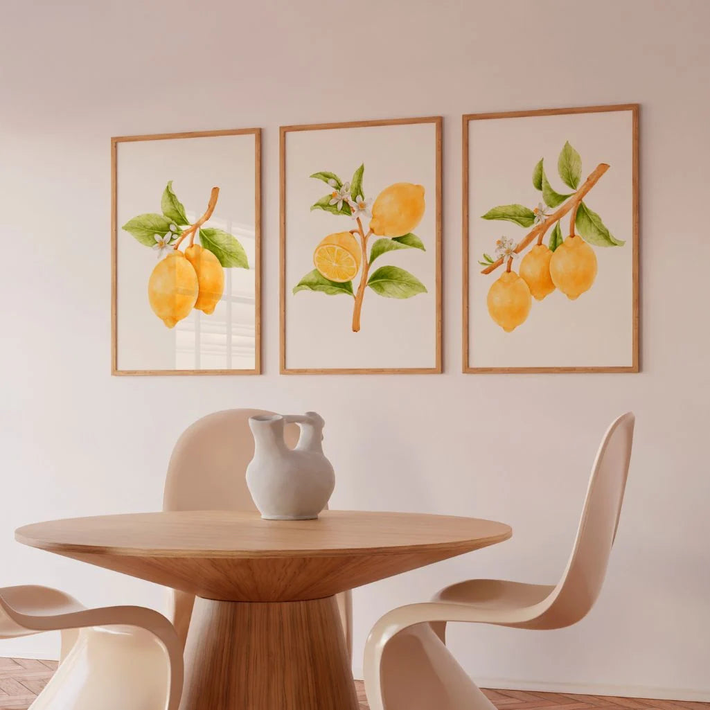 Lemon Botanical Watercolor Prints – Citrus Blossom Set of 3