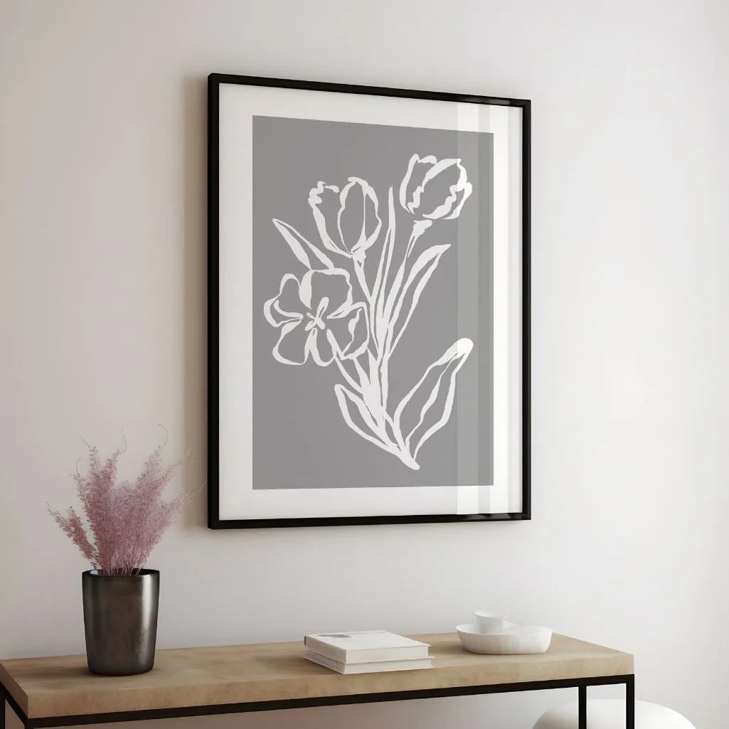 Grey Floral Line Art Poster