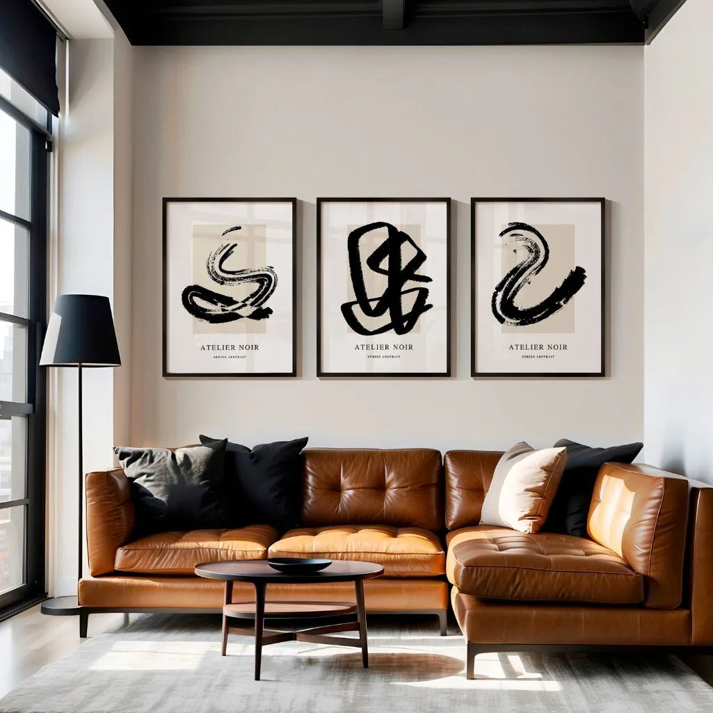 Atelier Noir – Set of 3 Abstract Art Prints - Minimalist Black & Beige Wall Art