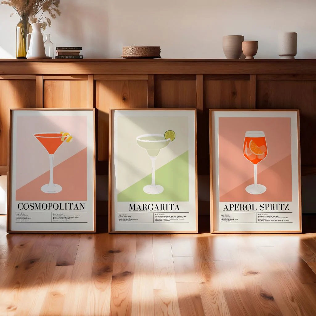 Classic Cocktail Recipe Art Prints – Aperol Spritz, Margarita & Cosmopolitan Set of 3