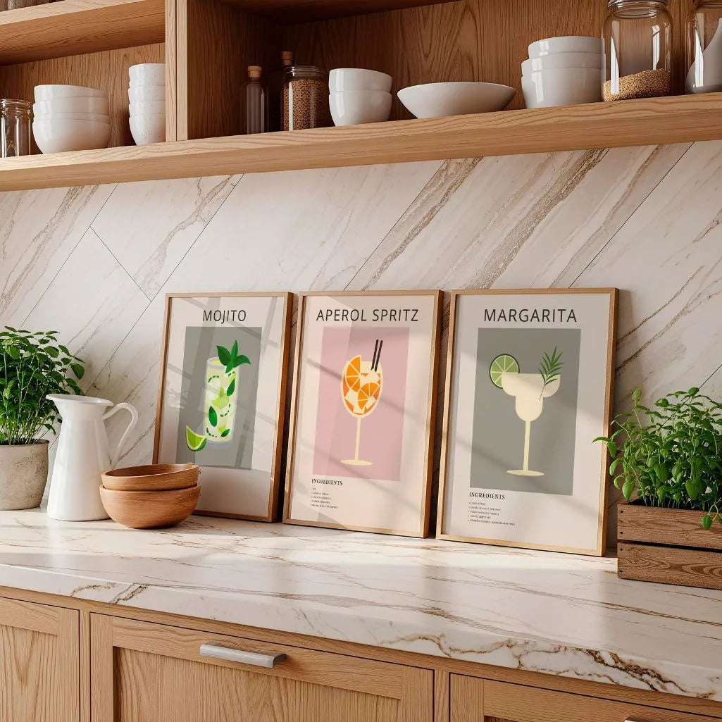 Cocktail Illustration Art Prints – Margarita, Aperol Spritz & Mojito Set of 3