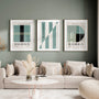 green and sage geometric bauhaus poster set in contemporary office workspace