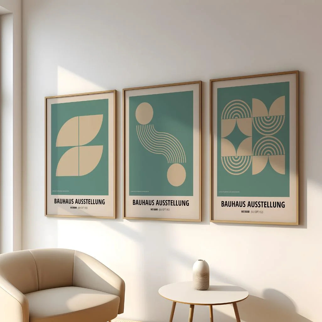 teal and beige geometric bauhaus poster set with arc and wave patterns in office