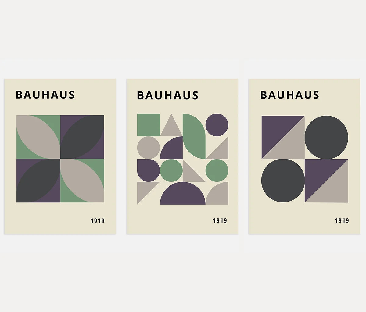 bauhaus poster set of 3 with geometric composition in green violet and beige